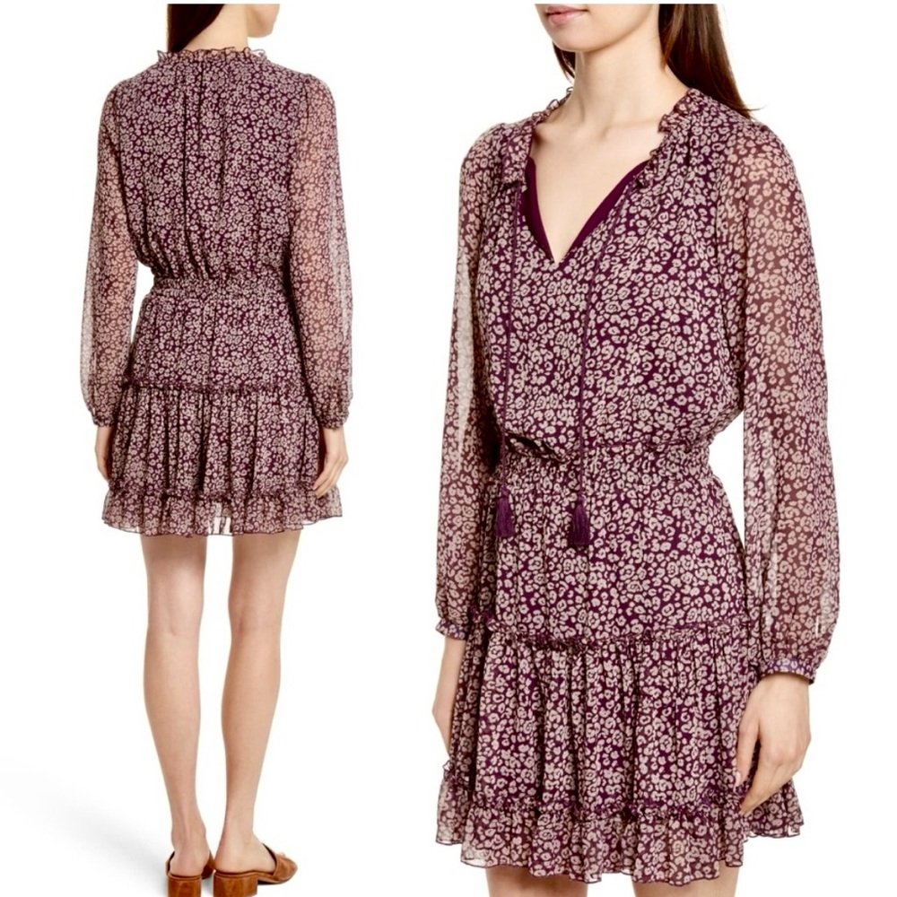 Rebecca Minkoff Rosemary Wine Leopard Print Flutter Tiered Long Sleeve Mini Sz S